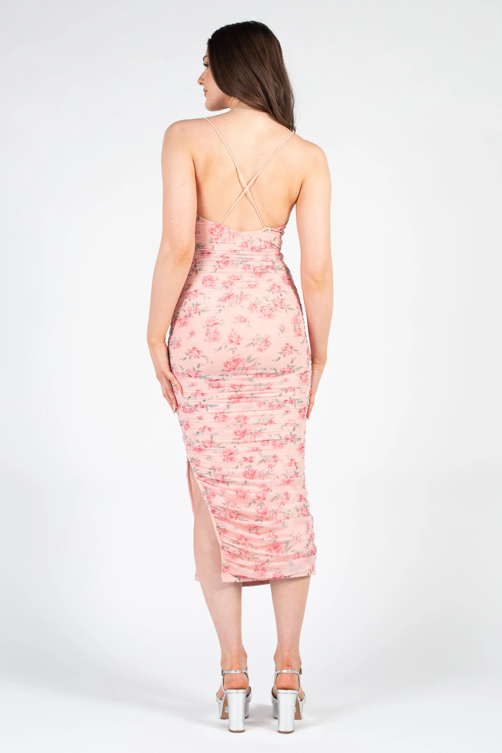 Whitney Floral Ruched Mesh Midi Dress