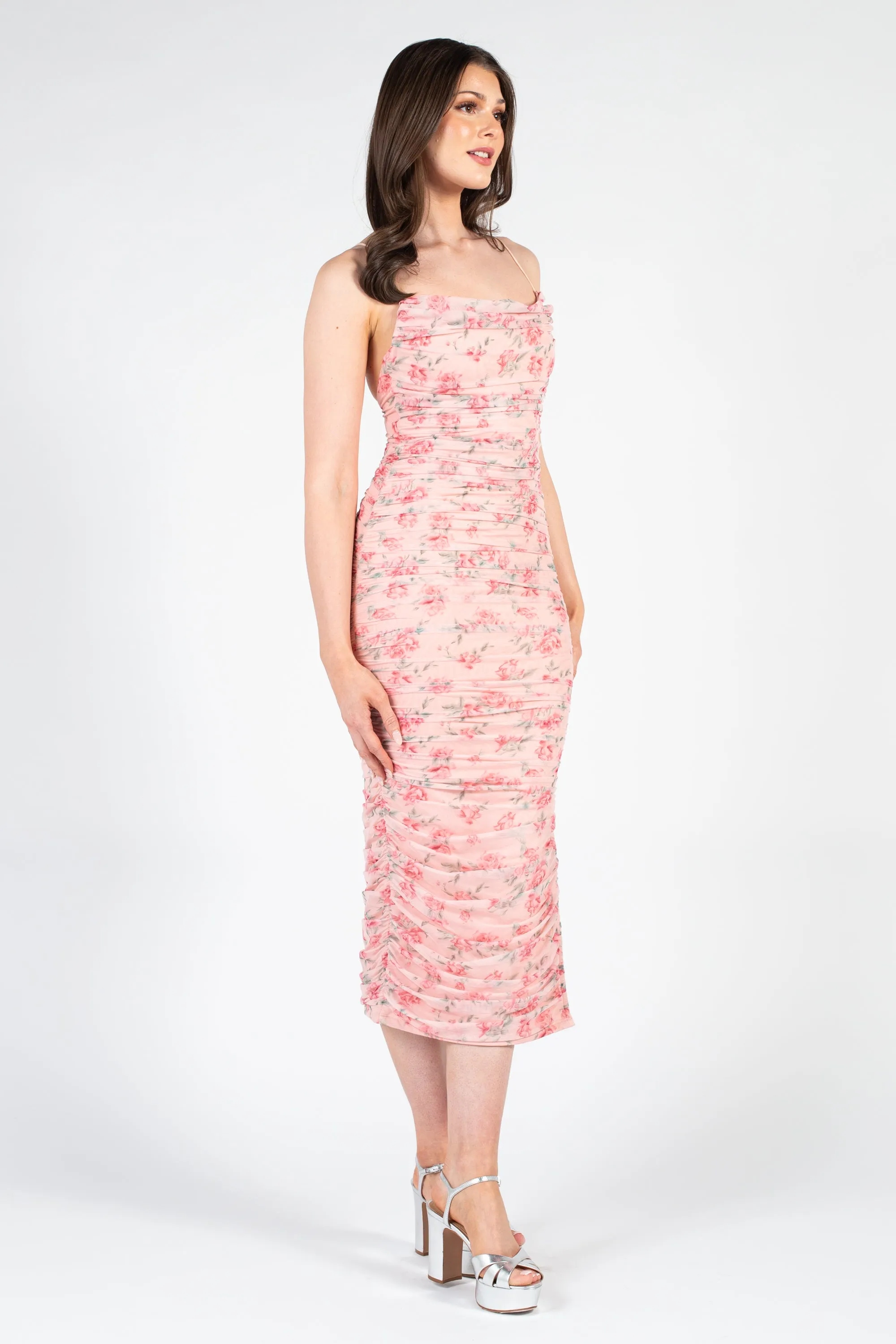 Whitney Floral Ruched Mesh Midi Dress