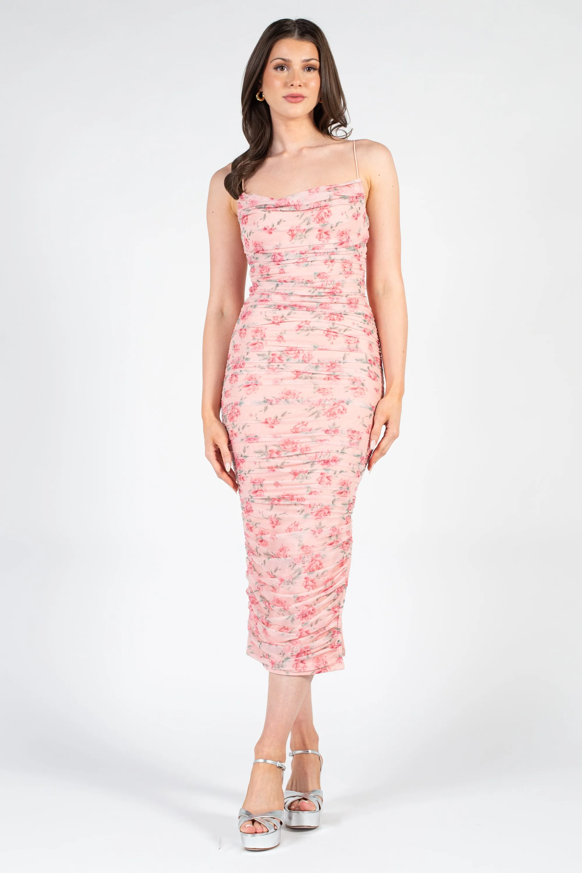 Whitney Floral Ruched Mesh Midi Dress
