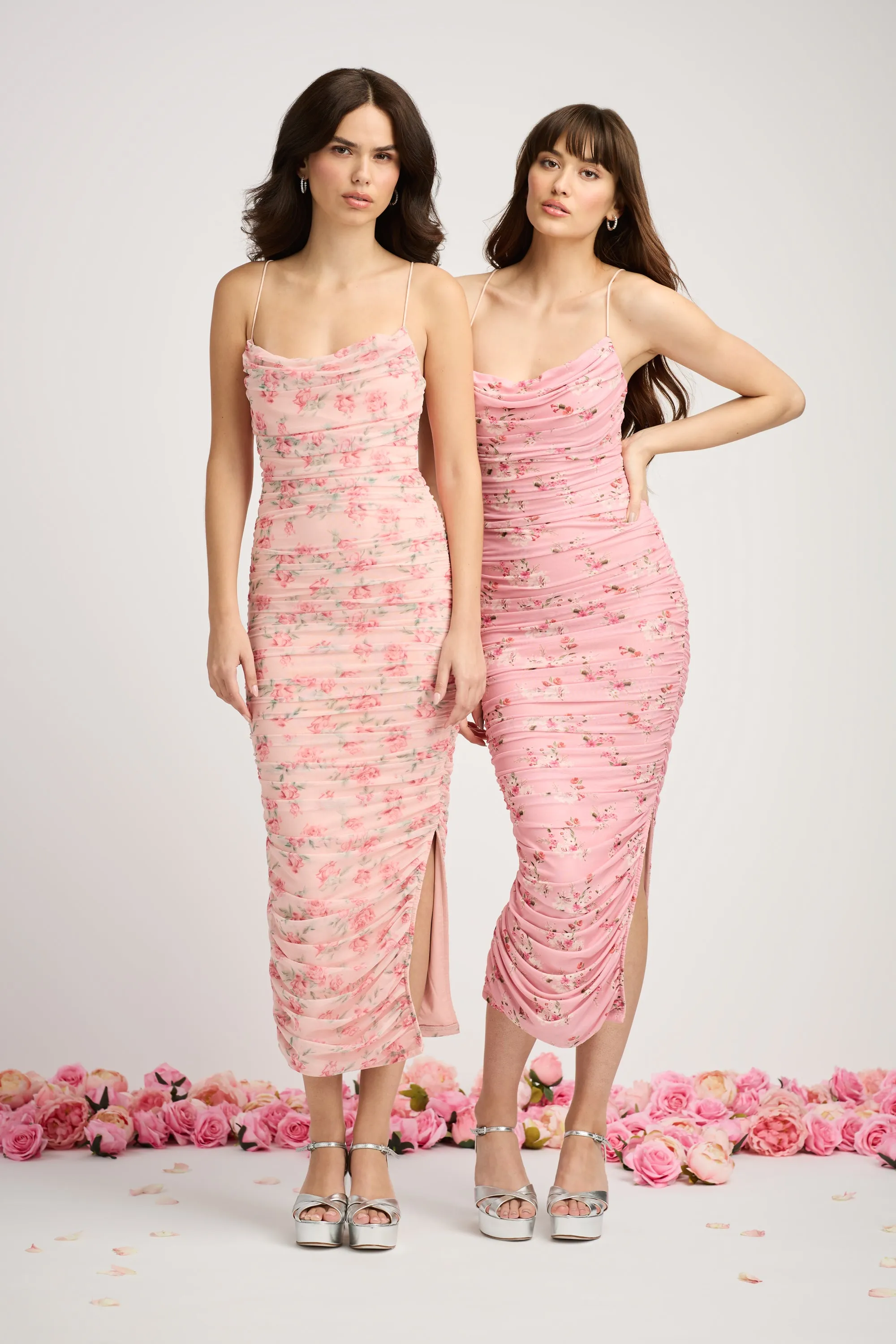 Whitney Floral Ruched Mesh Midi Dress