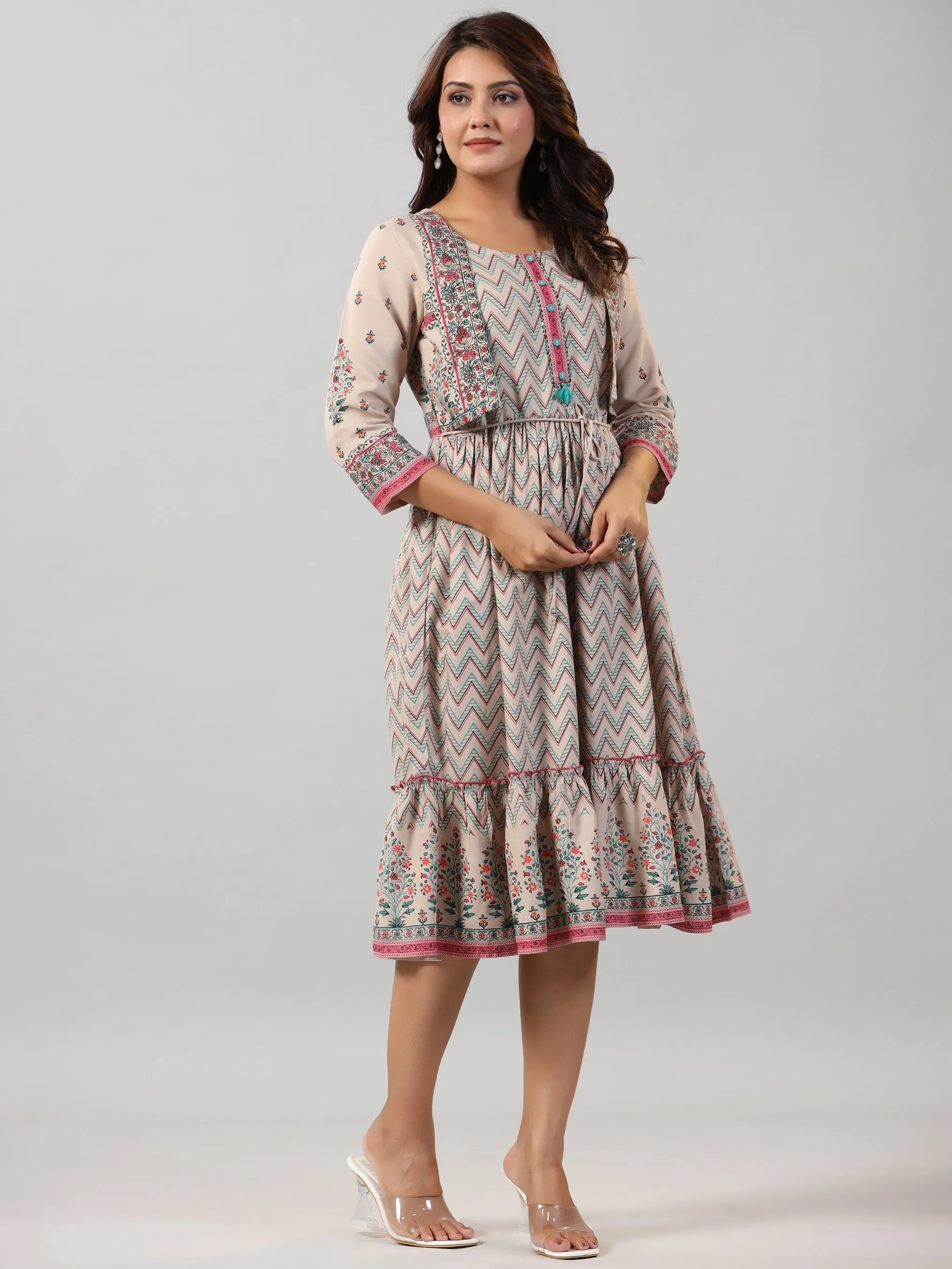 Women Beige Rayon Printed Jacket Style Midi Dress