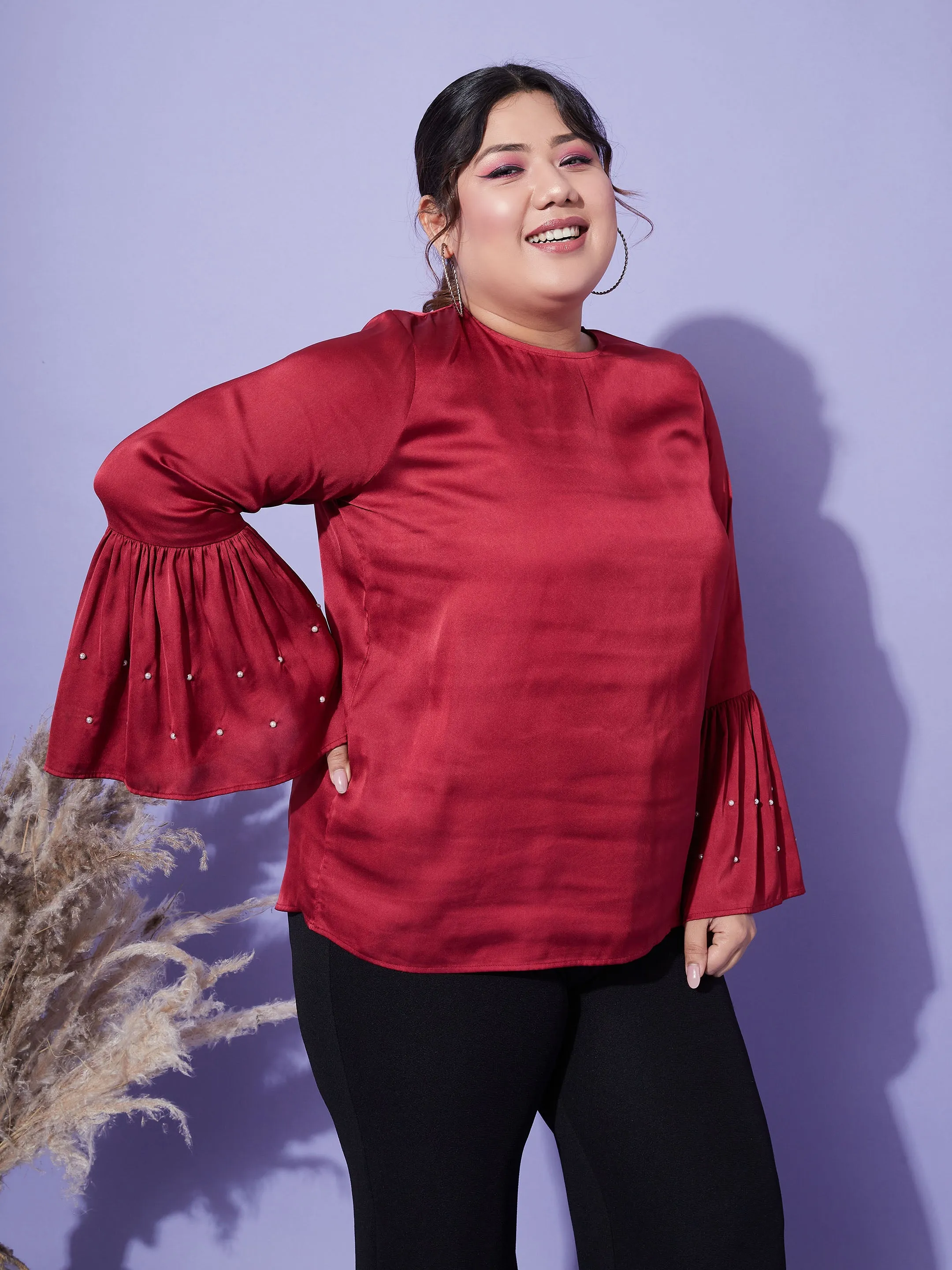 Women Red Satin Bell Sleeves Frill Hem Top