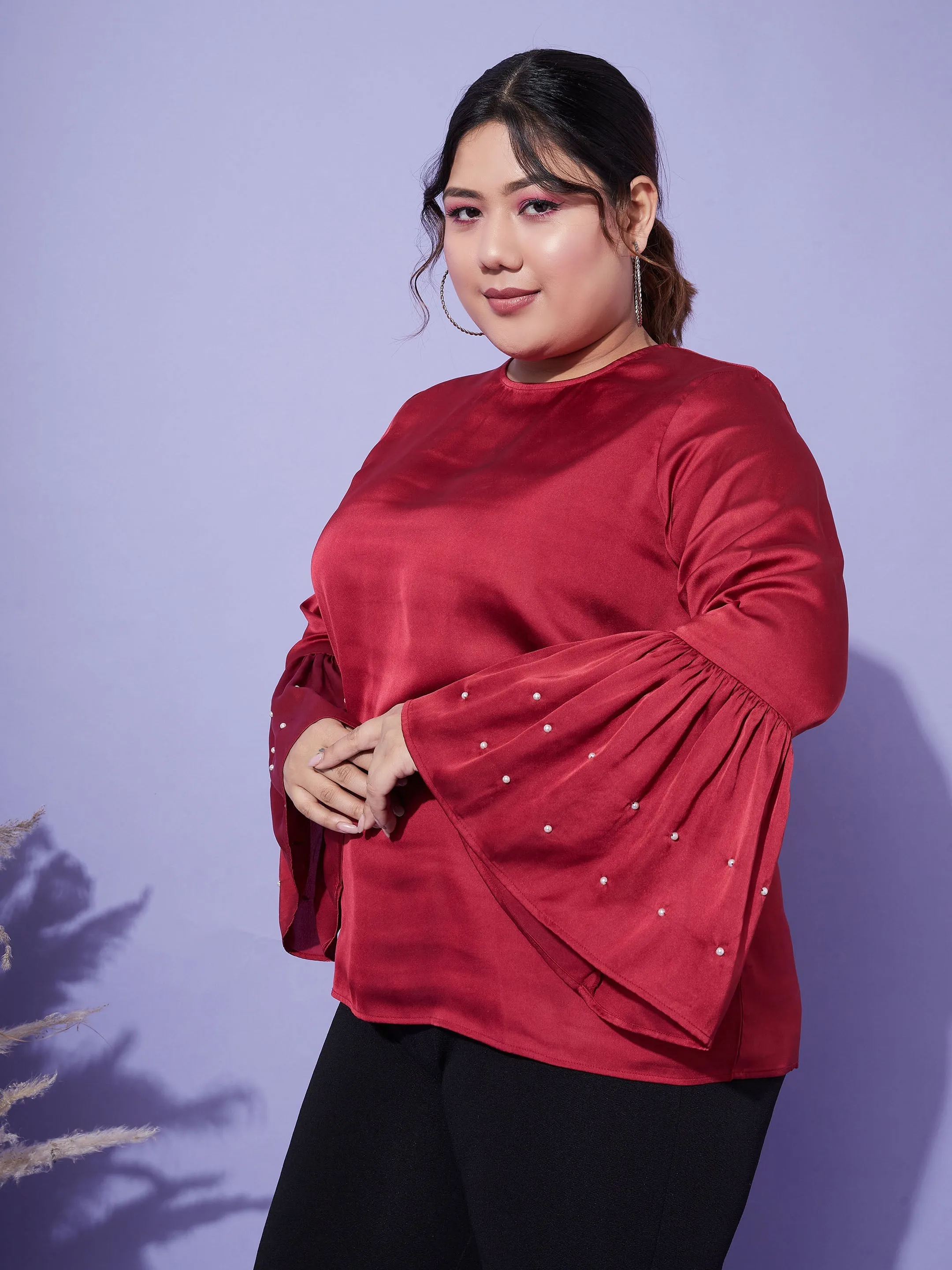 Women Red Satin Bell Sleeves Frill Hem Top