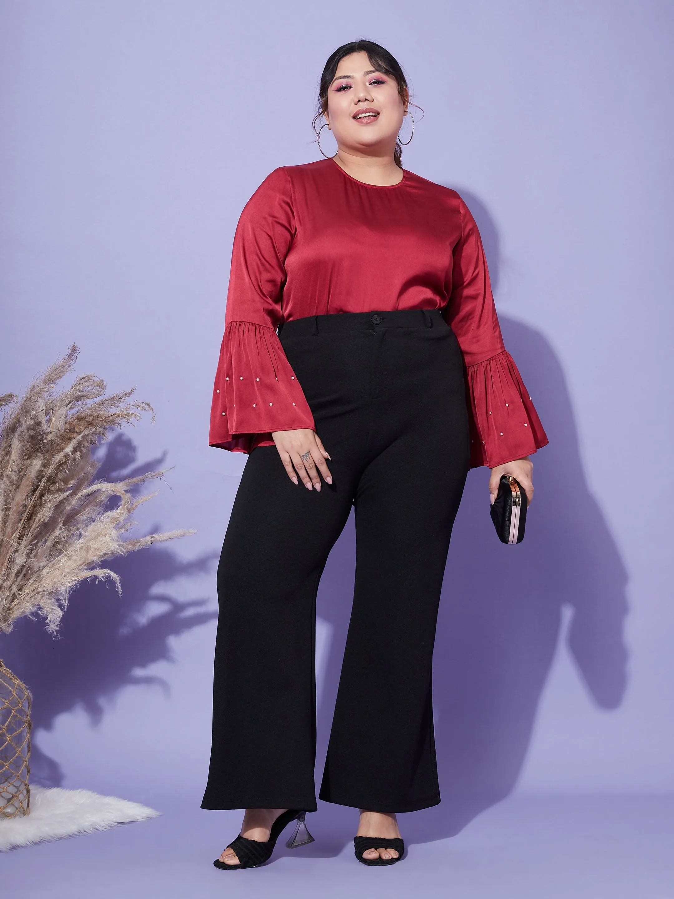 Women Red Satin Bell Sleeves Frill Hem Top
