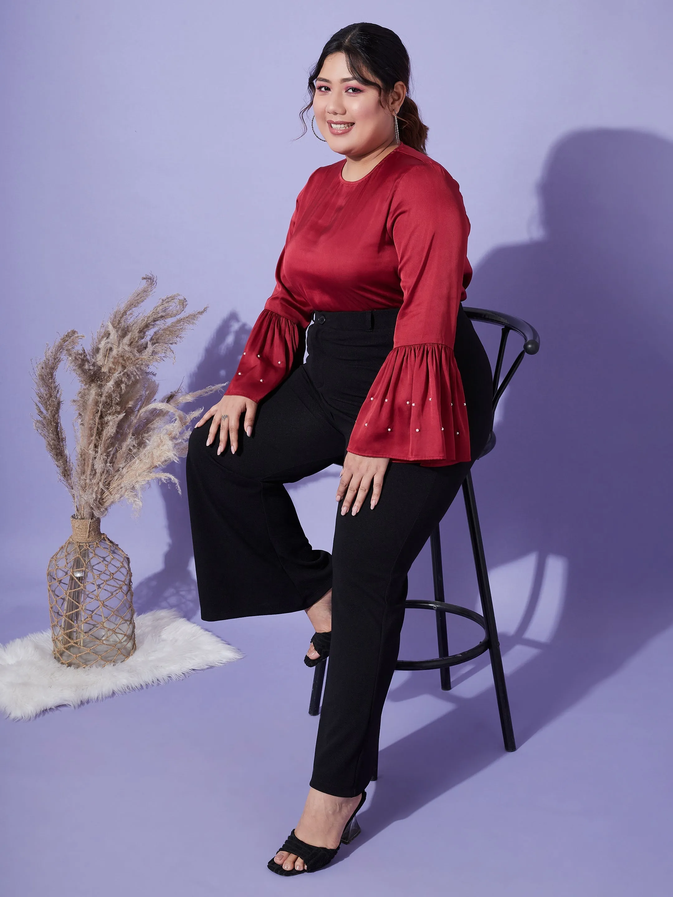 Women Red Satin Bell Sleeves Frill Hem Top