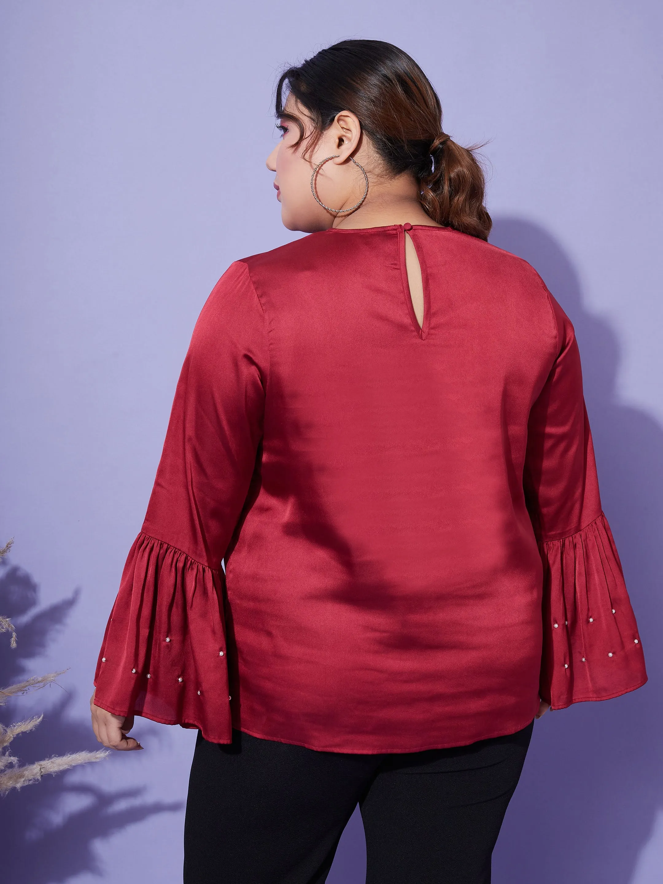 Women Red Satin Bell Sleeves Frill Hem Top