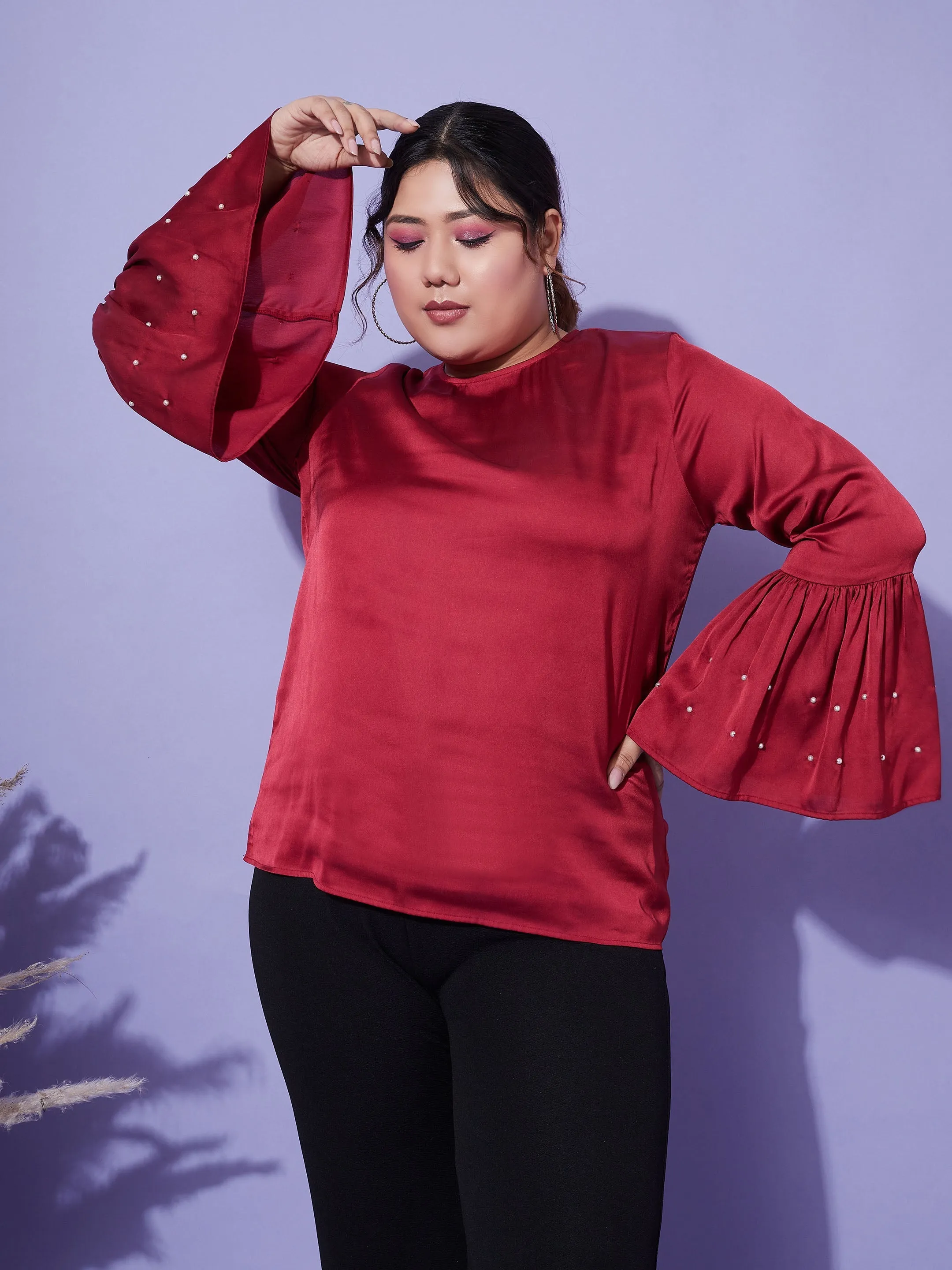 Women Red Satin Bell Sleeves Frill Hem Top