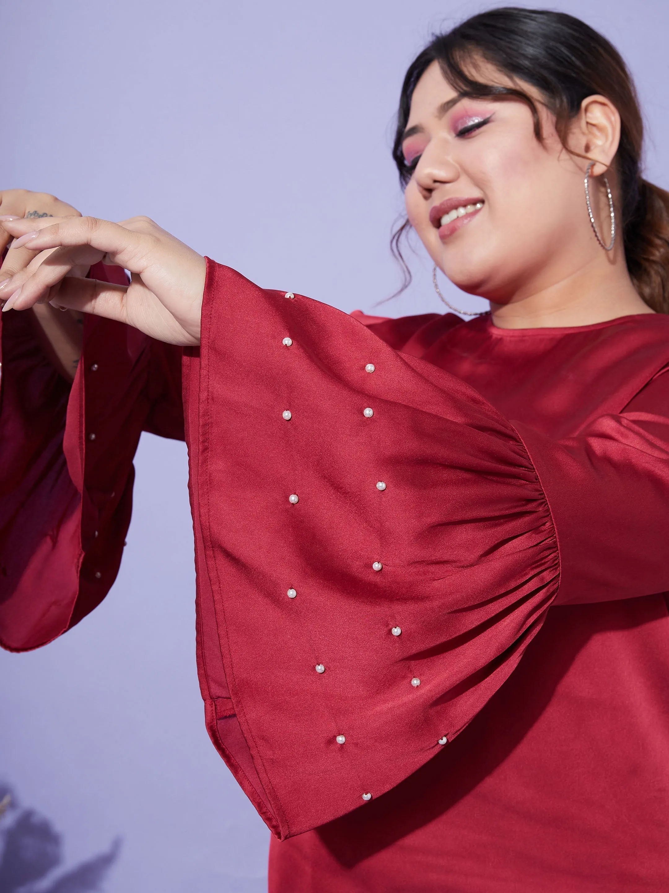 Women Red Satin Bell Sleeves Frill Hem Top