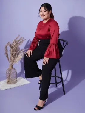 Women Red Satin Bell Sleeves Frill Hem Top