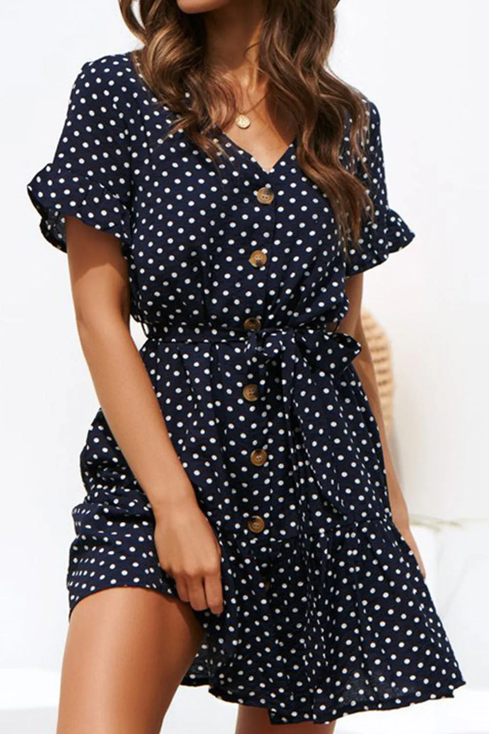 Women Small Dots Short Skirt Casual Chiffon Dress - C14085UWD