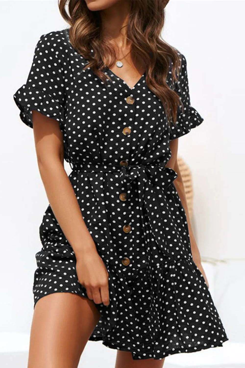 Women Small Dots Short Skirt Casual Chiffon Dress - C14085UWD
