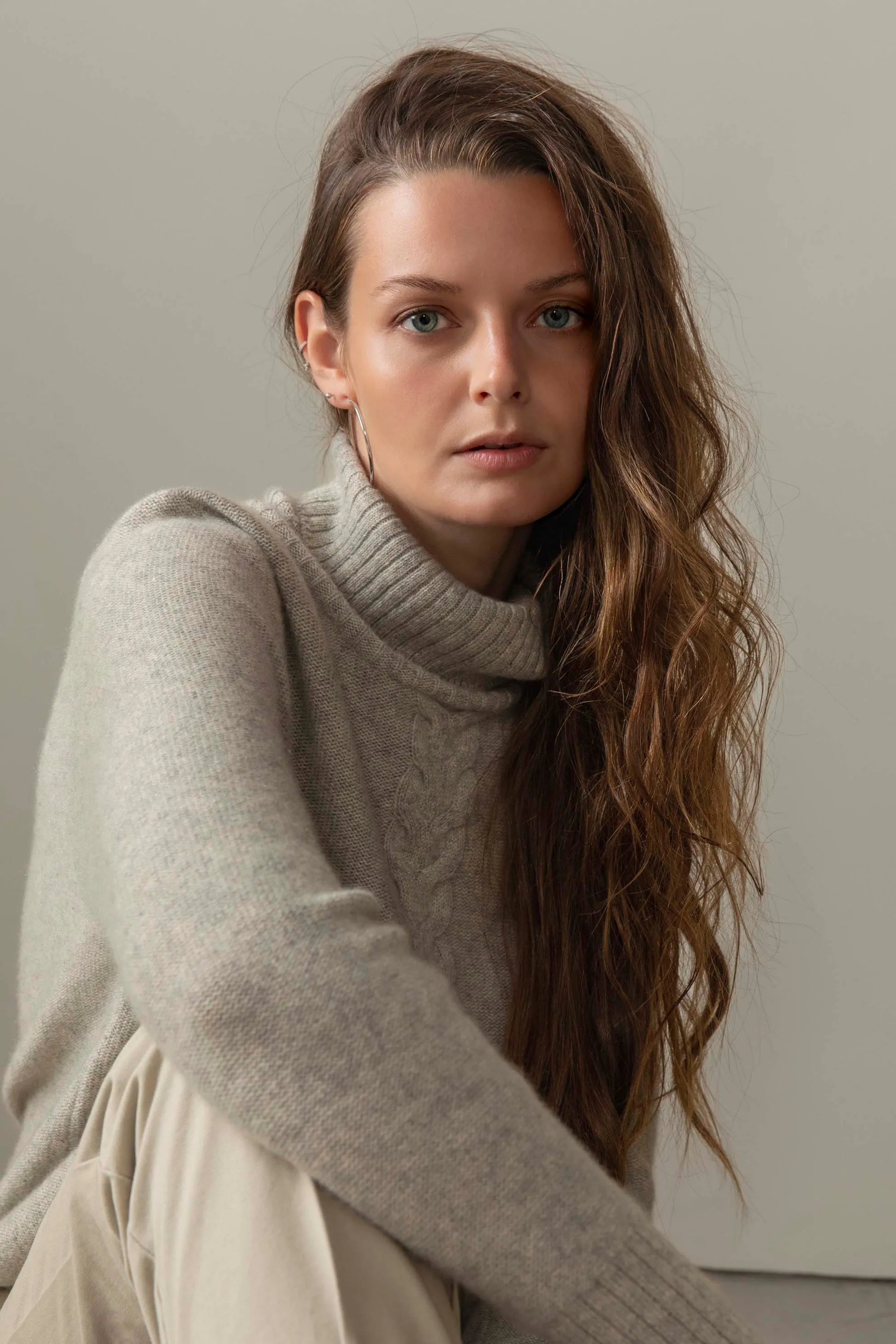 Women's Cable Knit Polo Neck Jumper - Grey