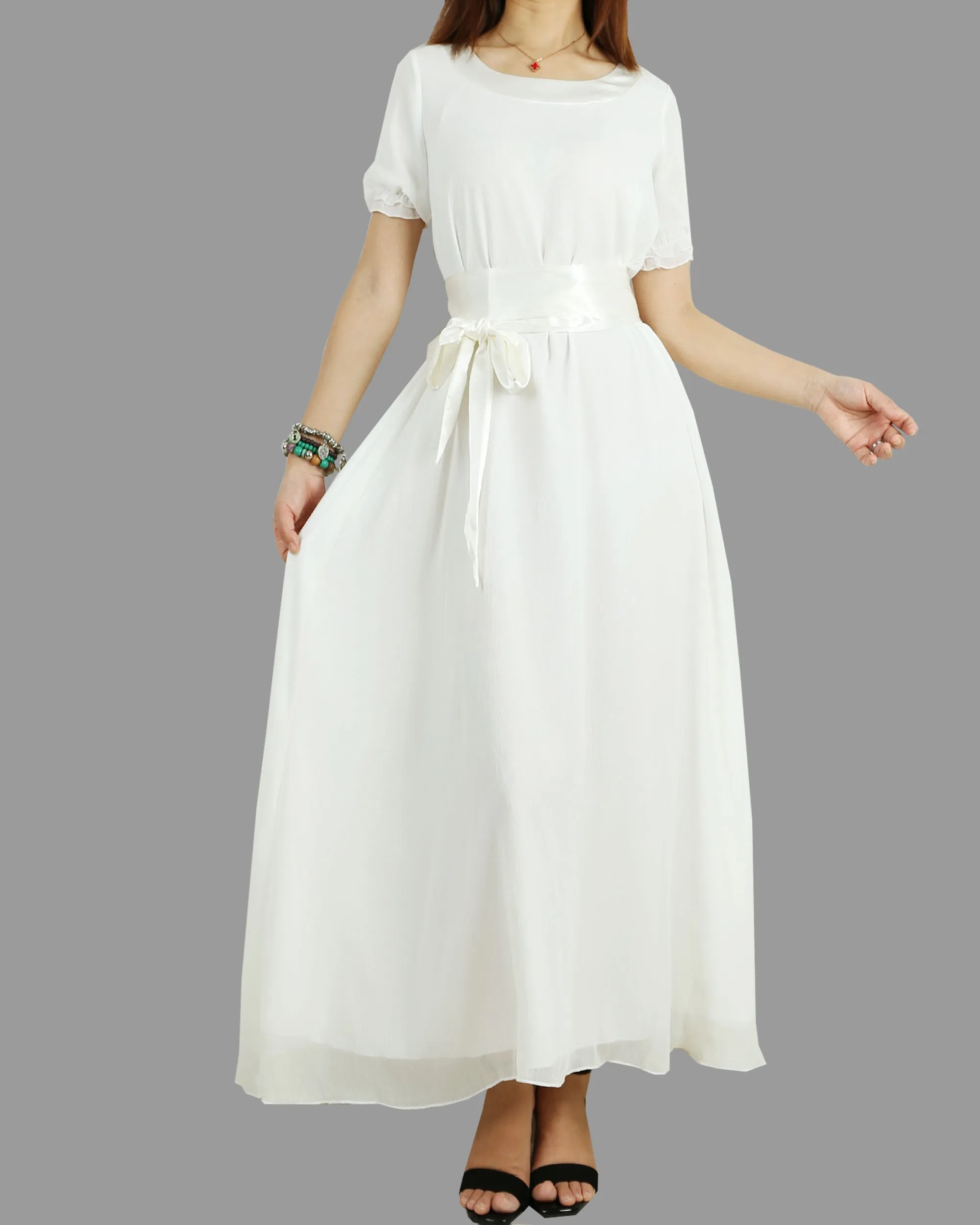Women's Chiffon Long Dress, bridesmaid dress, White dress, wedding dress, maxi dress, evening dress(Q1010)