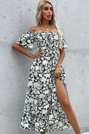 Womens Floral Slit Off Shoulder Midi Dress SIZE S-XL
