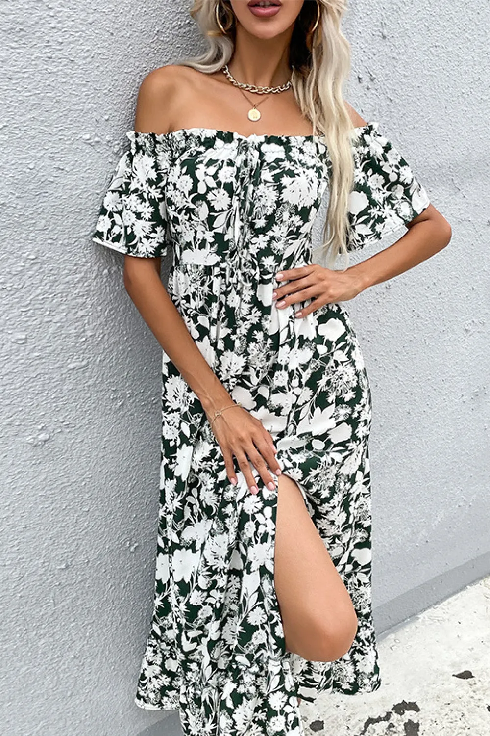 Womens Floral Slit Off Shoulder Midi Dress SIZE S-XL