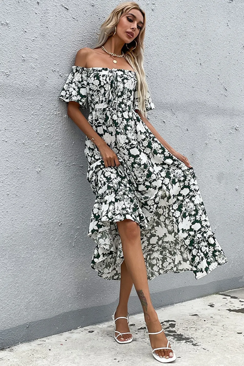 Womens Floral Slit Off Shoulder Midi Dress SIZE S-XL