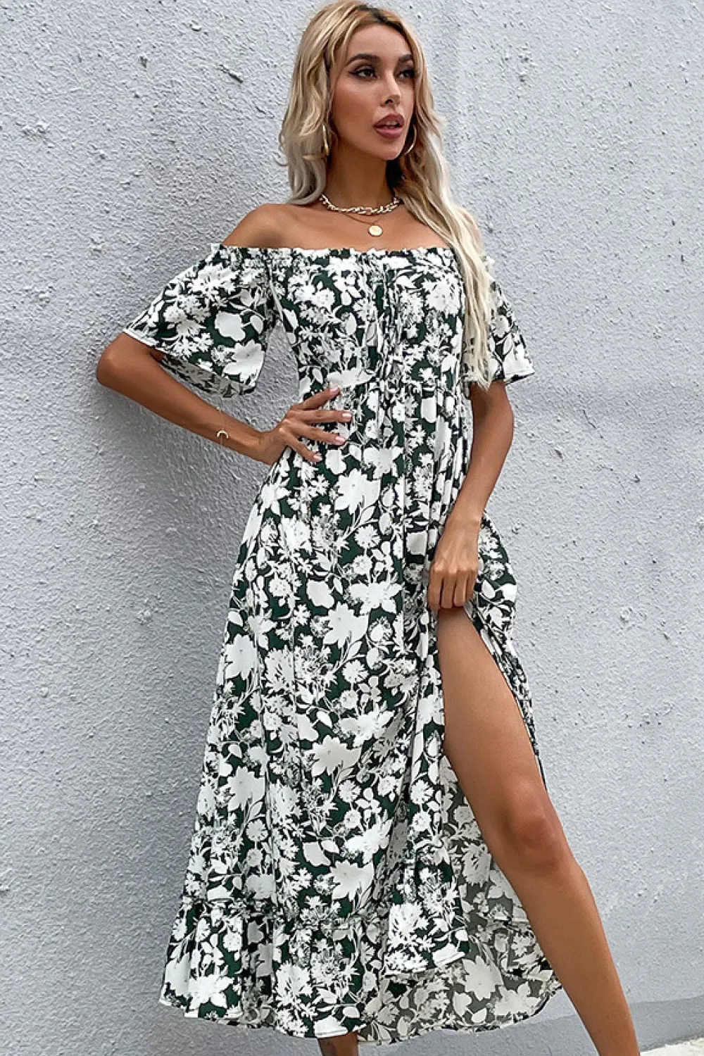 Womens Floral Slit Off Shoulder Midi Dress SIZE S-XL