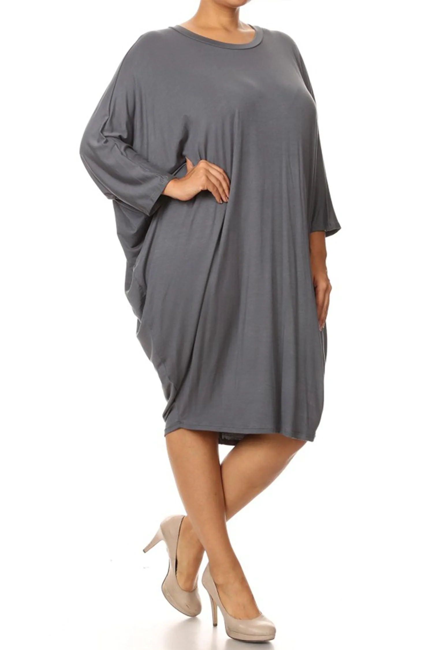 Women's Plus Size Casual Loose Fit Dolman Sleeve Midi Dress