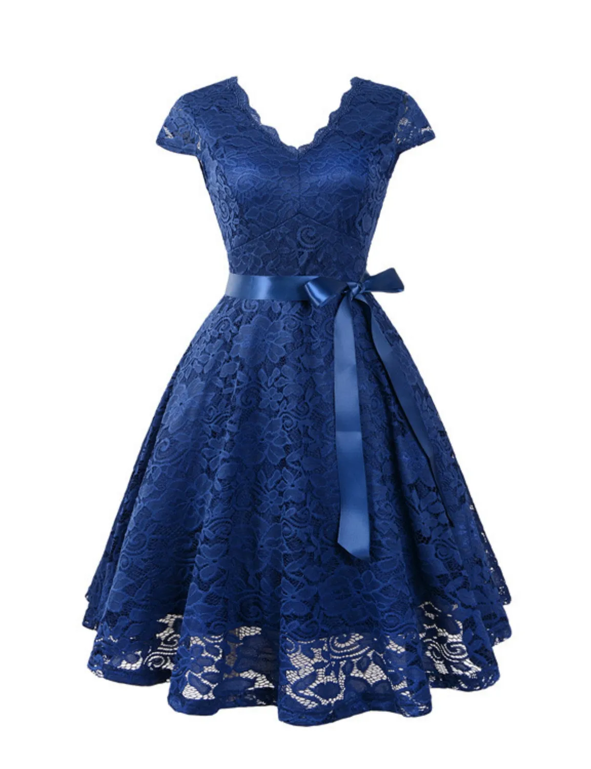 Women's Short Vintage Floral Lace Dress V-Neck Cap Sleeve Belt Bridesmaid Party Cocktail Dress Homecoming Dress