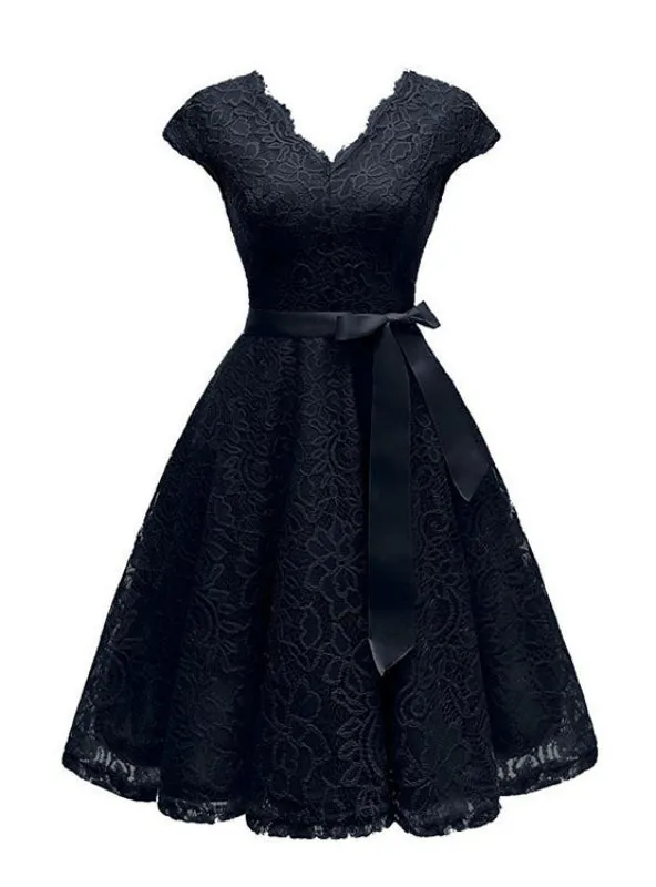 Women's Short Vintage Floral Lace Dress V-Neck Cap Sleeve Belt Bridesmaid Party Cocktail Dress Homecoming Dress