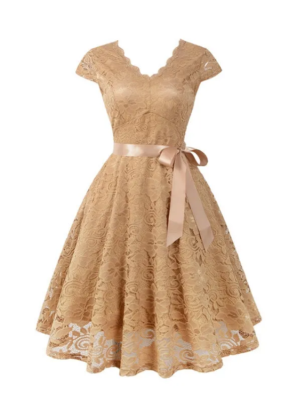 Women's Short Vintage Floral Lace Dress V-Neck Cap Sleeve Belt Bridesmaid Party Cocktail Dress Homecoming Dress