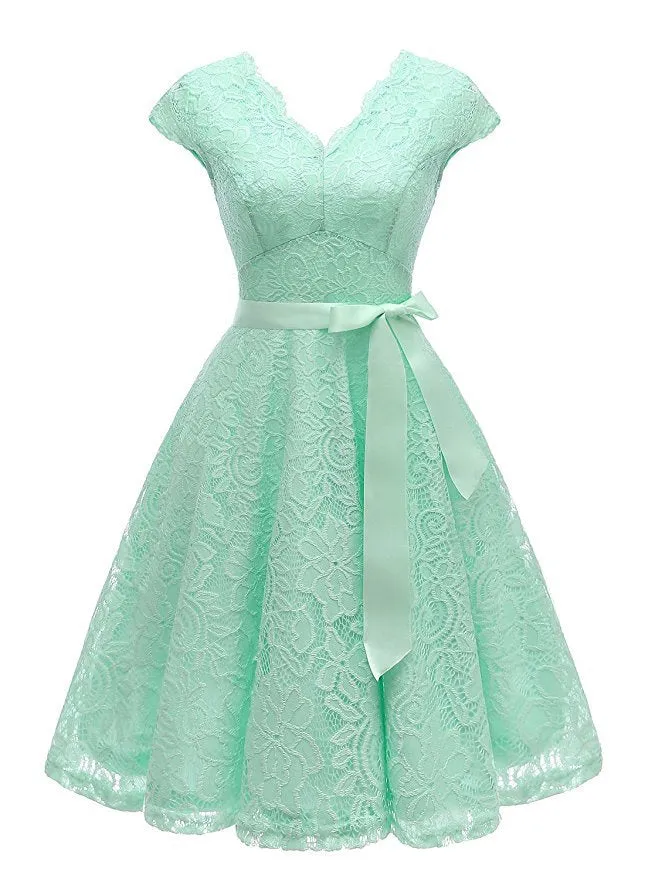 Women's Short Vintage Floral Lace Dress V-Neck Cap Sleeve Belt Bridesmaid Party Cocktail Dress Homecoming Dress