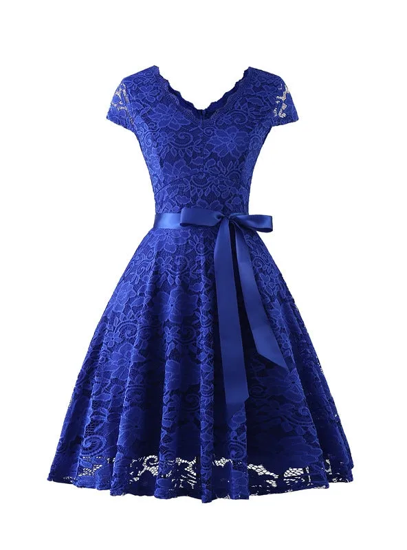 Women's Short Vintage Floral Lace Dress V-Neck Cap Sleeve Belt Bridesmaid Party Cocktail Dress Homecoming Dress