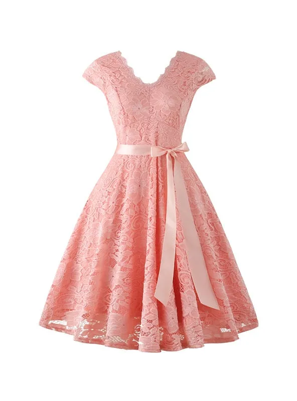 Women's Short Vintage Floral Lace Dress V-Neck Cap Sleeve Belt Bridesmaid Party Cocktail Dress Homecoming Dress