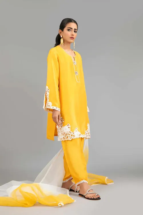 Yellow Raw Silk Tunic With Shalwar And Dupatta