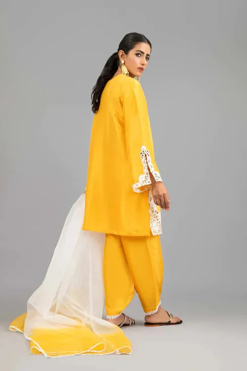 Yellow Raw Silk Tunic With Shalwar And Dupatta