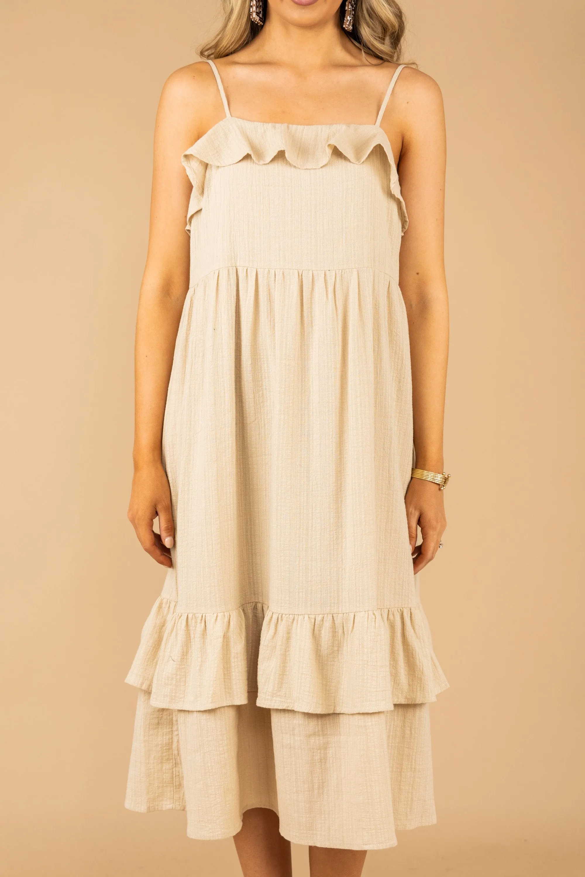 You're Too Kind Tan Brown Tiered Midi Dress