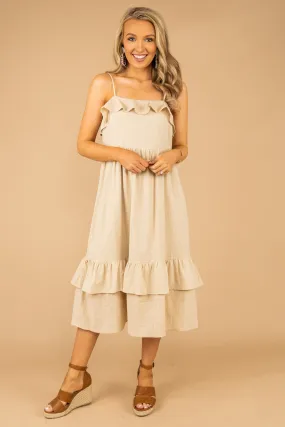 You're Too Kind Tan Brown Tiered Midi Dress