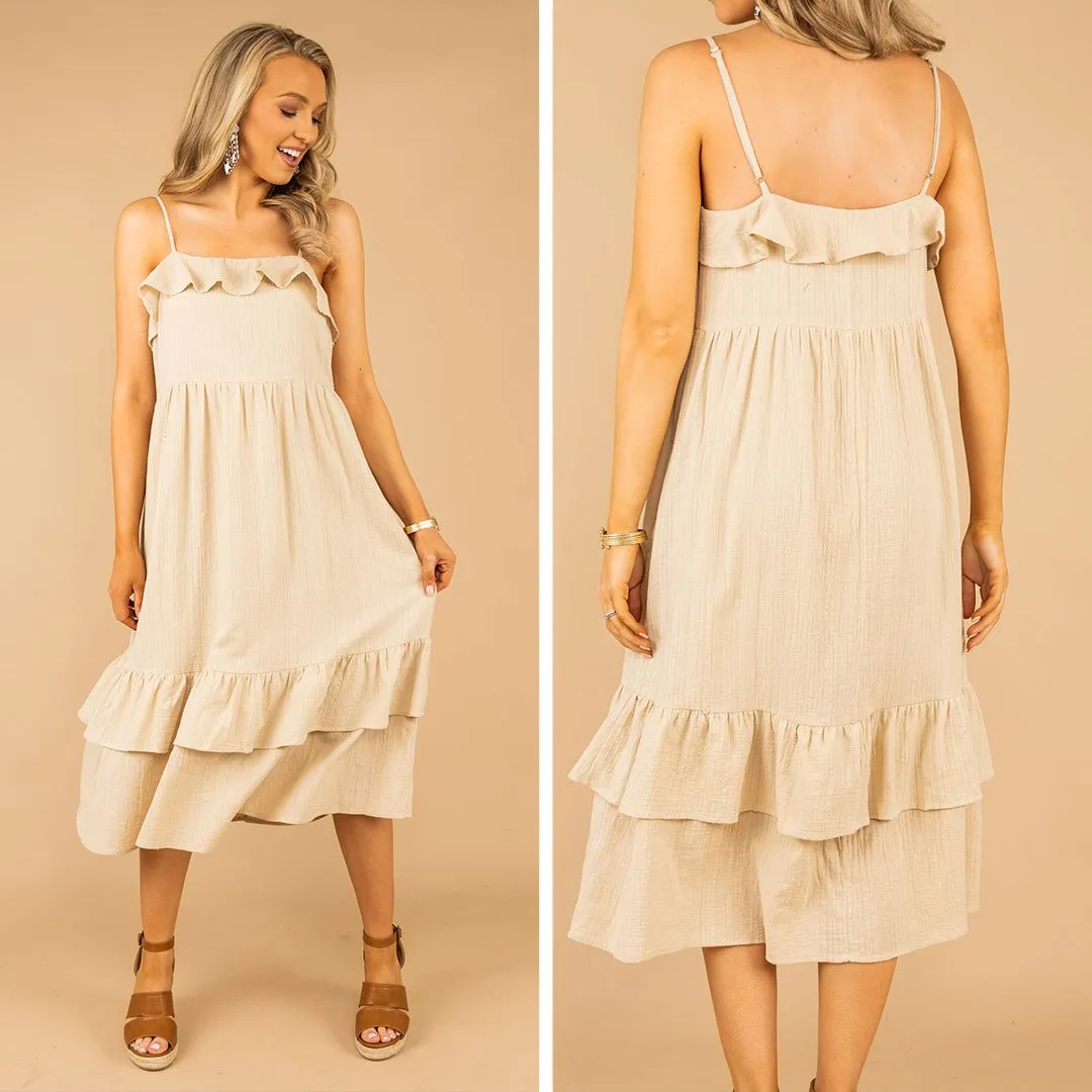 You're Too Kind Tan Brown Tiered Midi Dress
